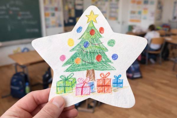 make-a-wish-oesterreich_wunschsternprojekt_2026_01 Ein Karton in unserer Wunschstern-Form bemalt von einem Kind mit einem geschmückten Weihnachtsbaum und Geschenken davor.