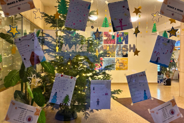 make-a-wish-oesterreich_wunschsternprojekt_2026_06 Ein Glasfenster geschmückt mit selbst gestalteten Briefen von von Volksschüler:innen zum Thema Spenden.